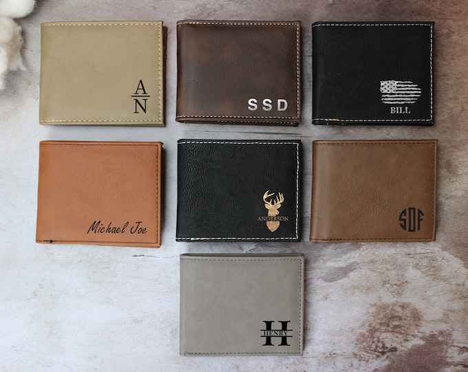 Personalized Fathers Day Gift for Men, Custom Leatherette Wallet, Vegan Engraved Leather for Him, Money Holder, Dad Wallet, Monogrammed