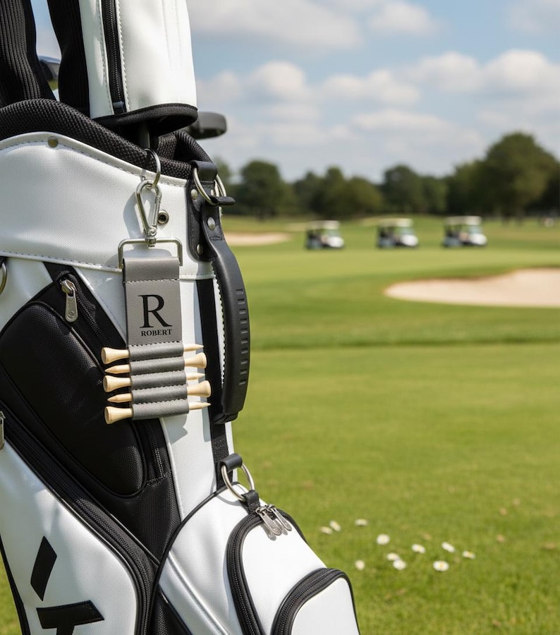 Personalized Engraved Leather Golf Bag Tag with Tee Holder Custom Gift for Golf Lovers Grey