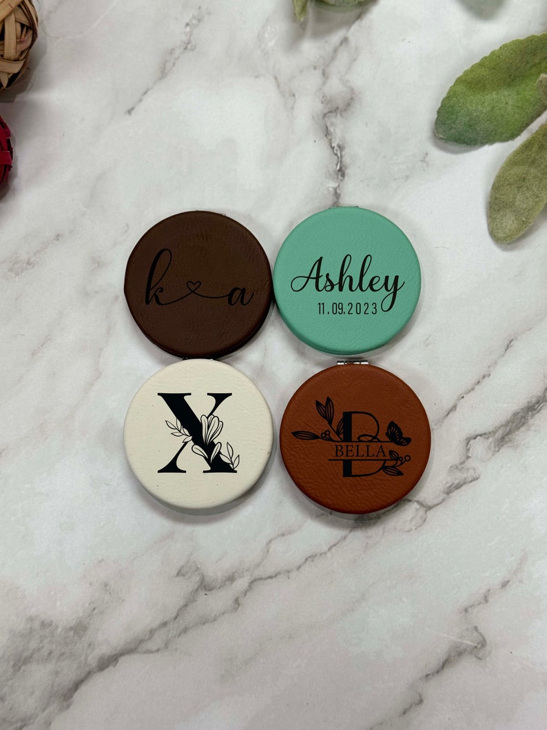 Personalized Engraved Compact Mirror, Hand Mirror, Make up Mirror for Mom, Bachelorette Party Leather Bulk Gift Ideas, Wedding Party Favors image 3
