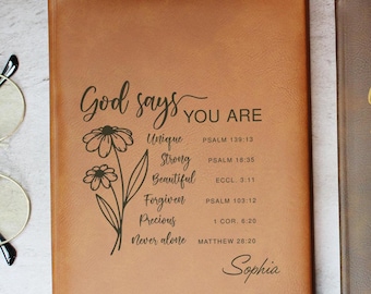 Personalized Vegan Leather Journal, God Says You Are, Floral Christian Gift