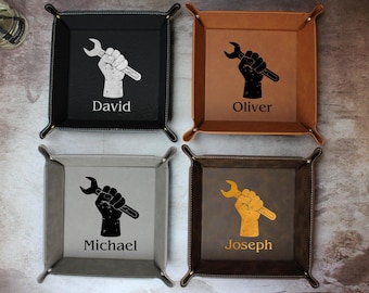 Personalized Vegan Leather Labor Day Valet Tray, Custom Mechanic or Tradesman Gift