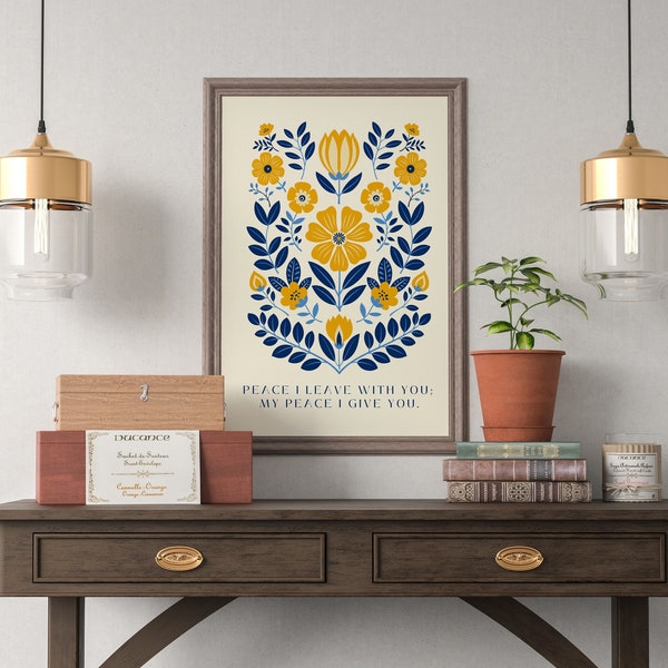 Christian Scandinavian Peace Printable Wall Art Christian Scripture Quote Catholic Mass Quote Folk Floral Download Blue and Yellow