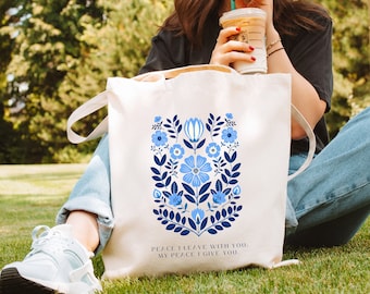 Bolsa de mano cristiana con versículo bíblico, bolsa de lona azul con la paz, bolsa de mano con escritura floral popular para mujer, bolsa de mano escandinava para estudio bíblico católico