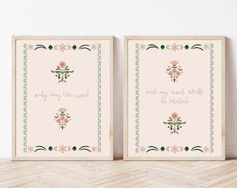 Catholic Wall Art Printable Design Folk Style Religious Illustration Whimsical Floral Pink Green Nursery Decor Girl Bedroom Digital Print