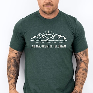 Faith Based Apparel Catholic Jesuit Shirt AMDG Latin Phrase Mountain Design Christian Message Meaningful Motto Religious Tee Spiritual Expression Minimalist Style Crewneck Comfort Daily Wear Gift Idea Confirmation Present Dad Gift Catholic