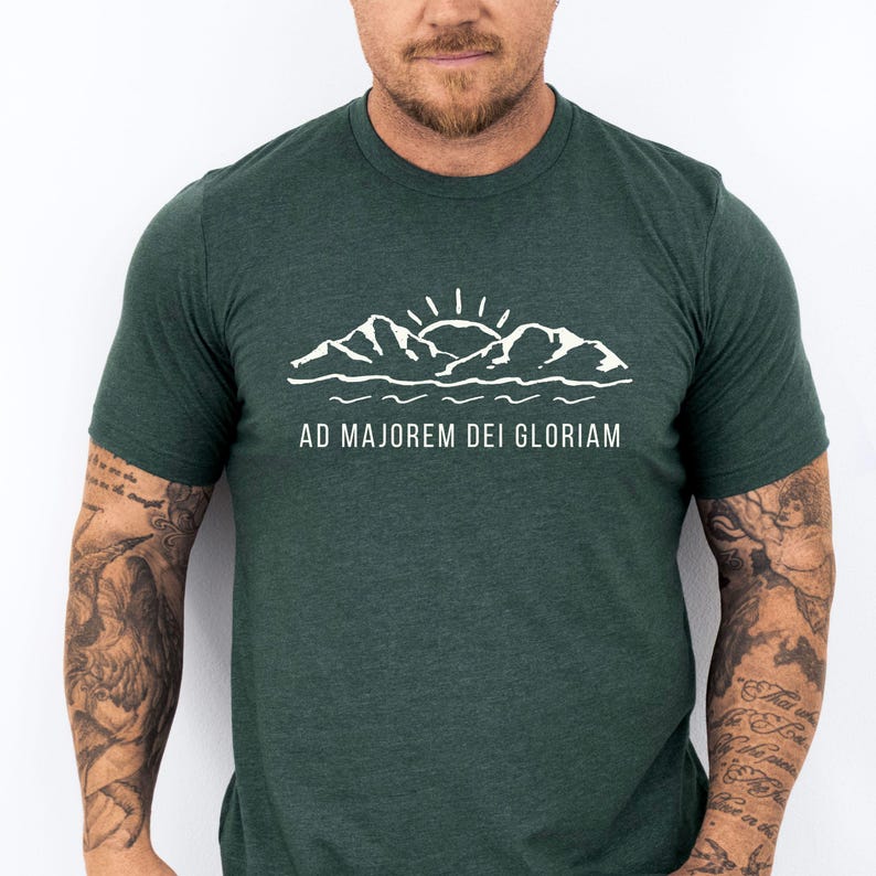 Faith Based Apparel Catholic Jesuit Shirt AMDG Latin Phrase Mountain Design Christian Message Meaningful Motto Religious Tee Spiritual Expression Minimalist Style Crewneck Comfort Daily Wear Gift Idea Confirmation Present Dad Gift Catholic