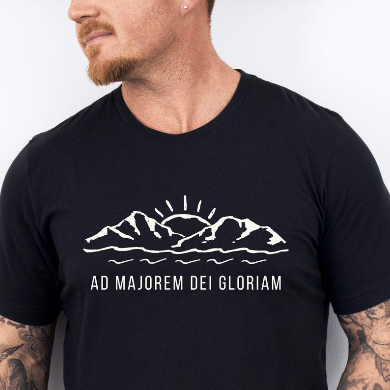 Catholic Jesuit Shirt AMDG Motto Latin Phrase Apparel Minimalist Design Mountain Graphic Christian Tee Dad Gift Idea Confirmation Present Faith Based Clothing Religious Message Crewneck Style Everyday Wear Spiritual Expression Casual