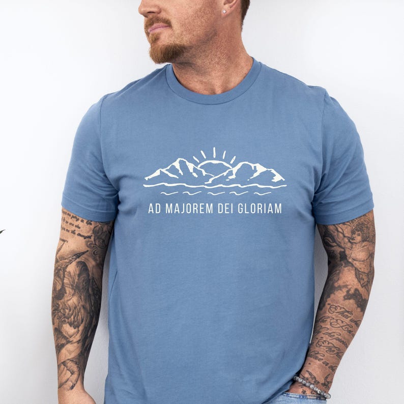 Minimalist Mountain Design Catholic Shirt Jesuit AMDG Motto Latin Phrase Apparel Christian Tee Faith Based Clothing Subtle Graphic Style Religious Message Crewneck Comfort Daily Wear Spiritual Expression Gift Idea Confirmation Present