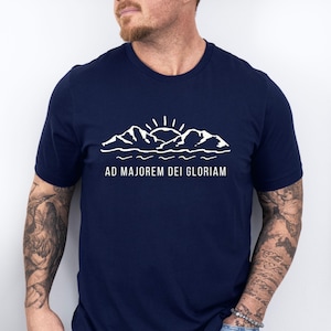 Confirmation Gift Idea Catholic Apparel Jesuit Motto Shirt AMDG Latin Phrase Design Mountain Graphic Tee Christian Clothing Dad Present Religious Celebration Faith Expression Minimalist Style Crewneck Comfort Spiritual Message Daily Wear