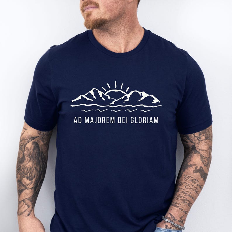 Confirmation Gift Idea Catholic Apparel Jesuit Motto Shirt AMDG Latin Phrase Design Mountain Graphic Tee Christian Clothing Dad Present Religious Celebration Faith Expression Minimalist Style Crewneck Comfort Spiritual Message Daily Wear