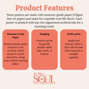 May include: Three red rectangles with white text describing the features of museum-grade paper posters. The text includes "Museum Grade Paper", "Hanging", and "Gicl&eacute;e print". The text also mentions the paper is archival, double-sided, and printed with archival inks. The bottom of the image features a logo with the text "so my SOUL" and "CATHOLIC THREADS & LIFESTYLE".