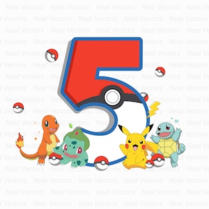 Op de afbeelding: Kleurrijke afbeelding met het nummer 5 in rood en blauw, ontworpen als een Poké Ball. Bevat Pokémon-personages Charmander, Bulbasaur, Pikachu en Squirtle, en Poké Balls.