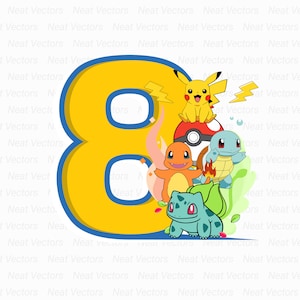 Op de afbeelding: Een geel nummer acht met een blauwe omtrek. Het nummer acht is versierd met cartoonafbeeldingen van Pokémon-personages, waaronder Pikachu, Vuurvlieg, Squirtle en Bulbasaur.