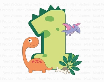 May include: A green number one with a dinosaur and a flying dinosaur. The number one is decorated with green spots. The dinosaur is orange with red spots. The flying dinosaur is purple with white spots.