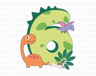 May include: A cartoon illustration featuring the number six in light green with a dinosaur theme. An orange Brontosaurus and a purple Pterodactyl are included. Additional elements are a bone, leaves, and a small pile of dirt.