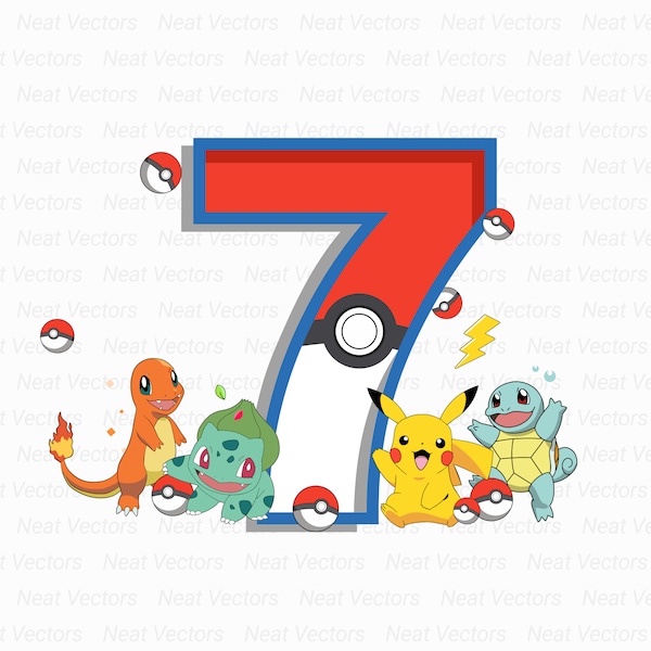 Pikachu, Pikachu Birthday Design, Age 7, SVG, PNG, JPG, Digital Download, Instant