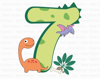 May include: A green number seven with a dinosaur and a pterodactyl. The number is outlined in green and has a textured surface. The dinosaur is orange and the pterodactyl is purple.