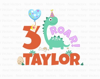 May include: A birthday card featuring a green dinosaur wearing a party hat and holding a balloon. The dinosaur is standing next to a large orange number 3 and the text "ROAR!" in purple. The name "TAYLOR" is written in orange at the bottom of the card.