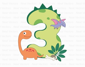 May include: A cartoon illustration featuring the number 3 in green with a dinosaur theme. An orange Brontosaurus and a purple Pterodactyl are included. The design also has a bone, leaves, and the text "Neat Vectors".