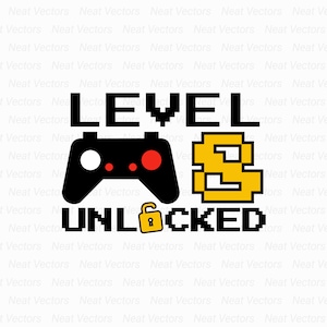Peut inclure: Un design graphique noir et jaune avec une manette de jeu vidéo et le texte "LEVEL 8 UNLOCKED".