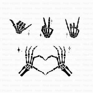 May include: Four black skeletal hands in different poses. The hands are making the 'hang loose' gesture, the peace sign, the 'rock on' gesture, and a heart shape.