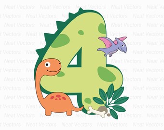 May include: A green number four shaped like a dinosaur with a smaller orange dinosaur and a purple flying dinosaur. The number four has green spots and a bone and a green plant are at the bottom.
