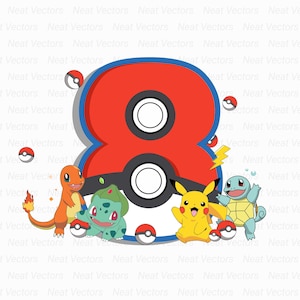 Könnte beinhalten: Ein farbenfrohes Grafikdesign mit der Zahl 8 in Rot mit blauem Umriss, gestaltet wie ein Pokéball. Enthält Illustrationen von Charmander, Bulbasaur, Pikachu und Schiggy sowie mehrere Pokébälle. Ein lustiges Design für Fans.