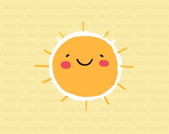 May include: A yellow sun with a smiling face and rosy cheeks. The sun has white rays radiating from it.