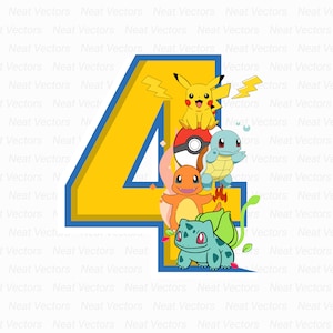 Pikachu, Pikachu Birthday Design, Age 4, SVG, PNG, JPG, Digital Download, Instant