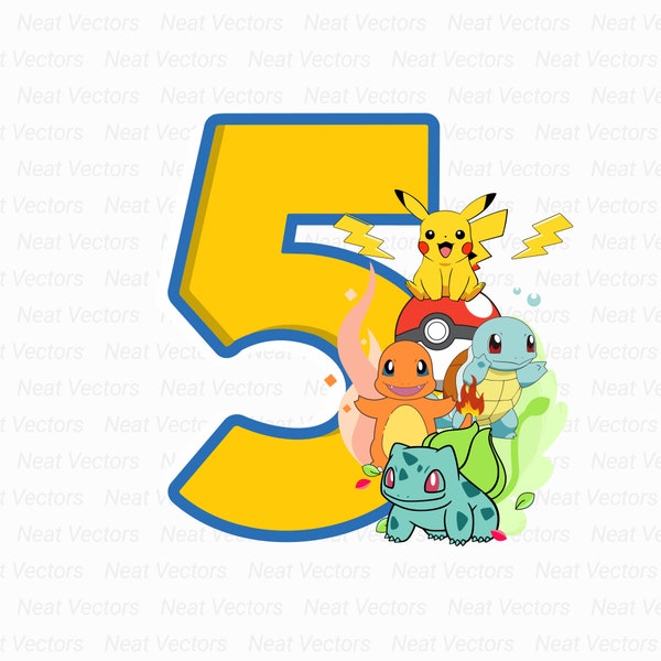 Pikachu, Pikachu Birthday Design, Age 5, SVG, PNG, JPG, Digital Download, Instant