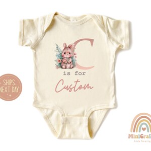 Personalized Pink Rabbit Initial Bodysuit: Custom Baby Girl Gift