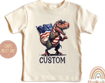 Custom T-Rex Dinosaur American Flag Shirt, 4th Of July Toddler Tee