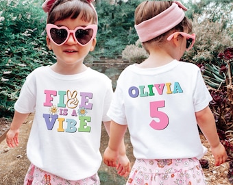 Personalized Five is a Vibe Birthday Shirt, Custom Name 5th Birthday Girl Shirt, 5th Birthday Boy Gift, Retro Groovy Fifth Birthday shirt