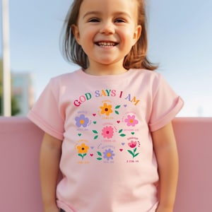 God Says I Am Girl Shirt, Christian Toddler Gift, Jesus Sweatshirt, Baptism gift Girl Tee, Christian Clothing, Brave Worthy Strong Inspirational Sweater for Children, Flower Baby Girl Outfit, Floral Bible Verse Kids T-Shirt, Faith Based Outfit