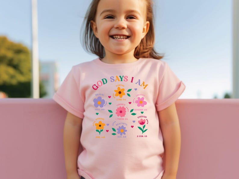 God Says I Am Girl Shirt, Christian Toddler Gift, Jesus Sweatshirt, Baptism gift Girl Tee, Christian Clothing, Brave Worthy Strong Inspirational Sweater for Children, Flower Baby Girl Outfit, Floral Bible Verse Kids T-Shirt, Faith Based Outfit