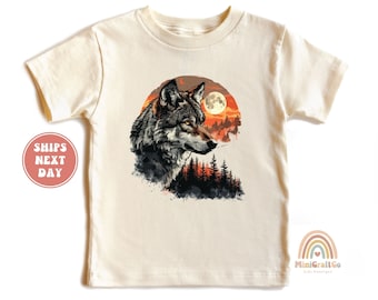 Camiseta infantil de lobo salvaje, camiseta de luna del bosque, regalo para amantes de los animales