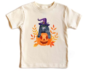 Kids Halloween Cotton Tee, Black Cat Pumpkin Design