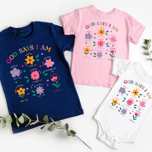 God Says I Am Girl Shirt, Christian Toddler Gift, Jesus Sweatshirt, Baptism gift Girl Tee, Christian Clothing, Brave Worthy Strong Inspirational Sweater for Children, Flower Baby Girl Outfit, Floral Bible Verse Kids T-Shirt, Faith Based Outfit