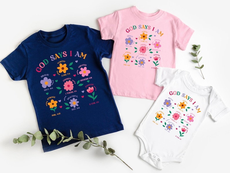 God Says I Am Girl Shirt, Christian Toddler Gift, Jesus Sweatshirt, Baptism gift Girl Tee, Christian Clothing, Brave Worthy Strong Inspirational Sweater for Children, Flower Baby Girl Outfit, Floral Bible Verse Kids T-Shirt, Faith Based Outfit