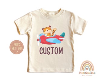 Custom Name Tiger Airplane Shirt, Natural Cotton Toddler Tee