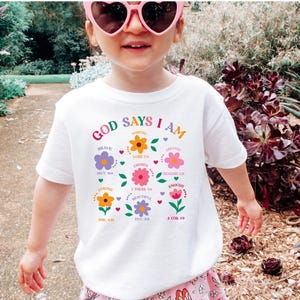 God Says I Am Girl Shirt, Christian Toddler Gift, Jesus Sweatshirt, Baptism gift Girl Tee, Christian Clothing, Brave Worthy Strong Inspirational Sweater for Children, Flower Baby Girl Outfit, Floral Bible Verse Kids T-Shirt, Faith Based Outfit