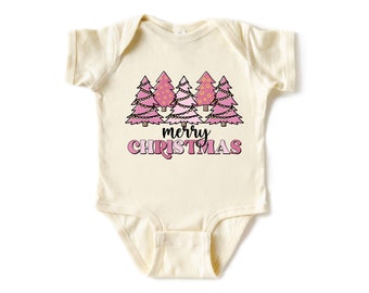 Merry Christmas Baby Onesie, Pink Tree Holiday Bodysuit