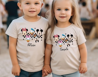 Checkered Mickey And Friends Kids Shirt, Custom Name Matching Shirts Gift, Retro Disney Trip Shirt, Disney Characters Toddler Sweatshirt
