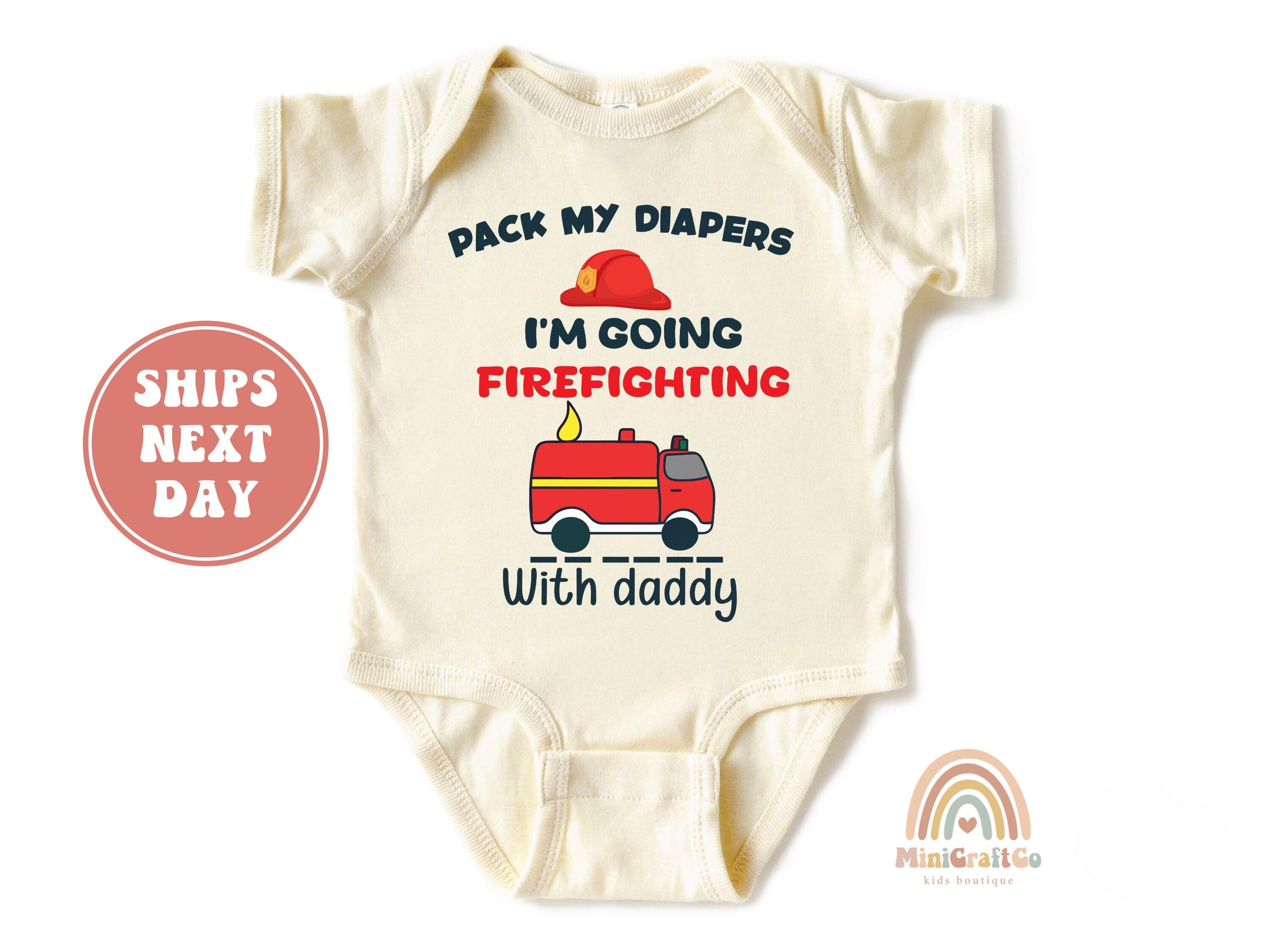 Funny Baby Firefighter Onesie®, Pack My Diapers I'm Going Firefighting With Daddy, Baby Shower Gift, Fireman Baby Bodysuit, Fire Truck Shirt