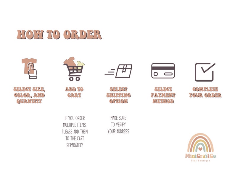 Puede incluir: Ilustraci&oacute;n de c&oacute;mo hacer un pedido con cinco pasos: seleccionar talla, color y cantidad; agregar al carrito; seleccionar la opci&oacute;n de env&iacute;o; seleccionar el m&eacute;todo de pago; completar el pedido. La ilustraci&oacute;n incluye iconos para cada paso y texto en una fuente retro.