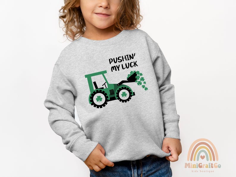 Kids Pushing My Luck St Patricks Day Toddler Sweatshirt, Irish Gifts For Kids, Cute Green Shamrock Crew Neck, Custom Name Lucky 2T 3T 4T Sweatshirt, Funny St Paddys Gifts, Tractor Toddler 5T Sweatshirt, Green Shamrock Sweatshirt, Lucky Sweatshirt