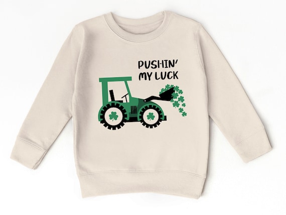 Kids Pushing My Luck St Patricks Day Toddler Sweatshirt, Irish Gifts For Kids, Cute Shamrock Crew Neck, Lucky Tractor 2T 3T 4T Sweatshirt
