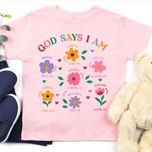 God Says I Am Girl Shirt, Christian Toddler Gift, Jesus Sweatshirt, Baptism gift Girl Tee, Christian Clothing, Brave Worthy Strong Inspirational Sweater for Children, Flower Baby Girl Outfit, Floral Bible Verse Kids T-Shirt, Faith Based Outfit