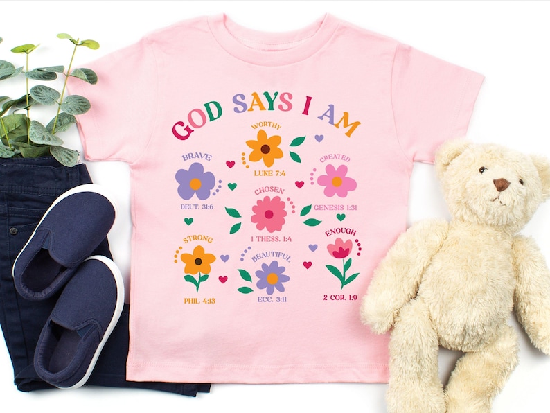 God Says I Am Girl Shirt, Christian Toddler Gift, Jesus Sweatshirt, Baptism gift Girl Tee, Christian Clothing, Brave Worthy Strong Inspirational Sweater for Children, Flower Baby Girl Outfit, Floral Bible Verse Kids T-Shirt, Faith Based Outfit