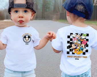 Personalized First Disney Trip 2026 Kids Shirt, Family Vacation Matching Tees, Disneyland Checkered Mickey And Friends Toddler T-Shirts